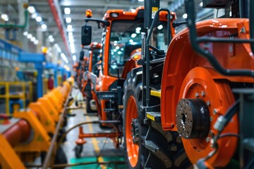 Tractor assembly process in a farm equipment plant putting together components on the tractor chassis