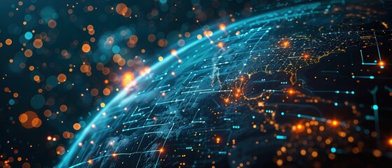Earth with glowing connection lines and a digital data background, showcasing global network communication in