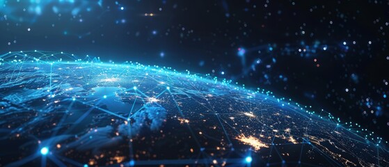 Obraz premium Earth with glowing connectivity lines and a digital data background, demonstrating global network communication in realistic quality