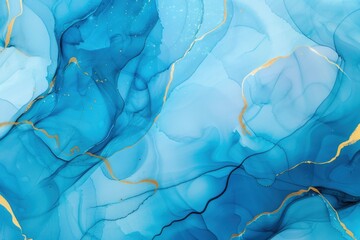 Abstract sky blue paint blots background with marbled alcohol ink texture and copy space for design or text