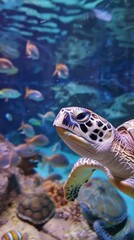 Fototapeta premium Sea turtle swimming underwater in an aquarium with various fish
