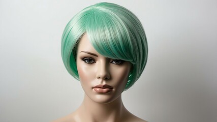 mint green short hair wig in a mannequin head in white background