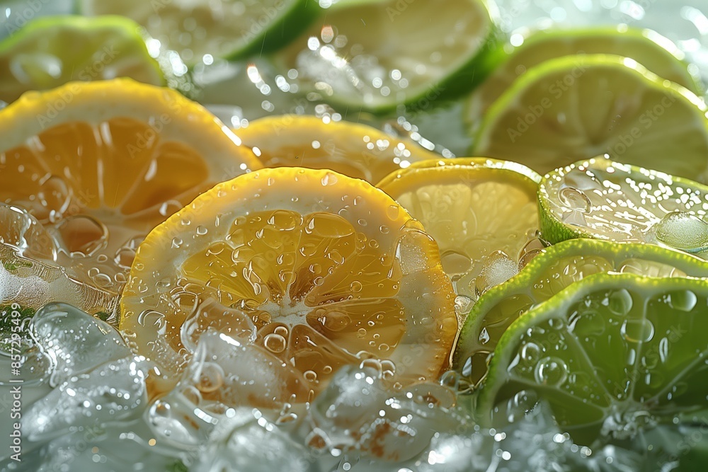 Poster close up of lemon and lime slices floating in ice water
