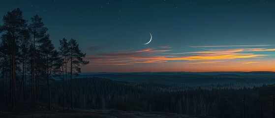 Fototapeta premium Evening sky with a crescent moon and thin clouds over a calm ocean, creating a tranquil and dreamy night scene, Photography, 50mm lens,