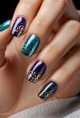 Intricate Nail Art Design with Vibrant Colors and Textured Patterns on Elegant Manicured Hand