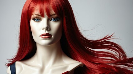 Obraz premium fire engine red long hair wig in a mannequin head in w background