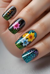 Intricate Nail Art Design with Vibrant Colors and Textured Patterns on Elegant Manicured Hand
