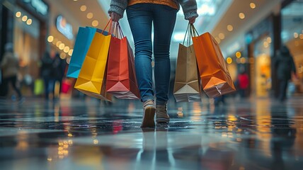 Colorful shopping bags held by a person in a modern mall