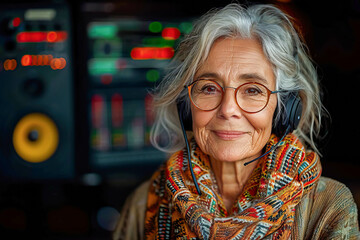 Old woman radio host broadcasting live in studio