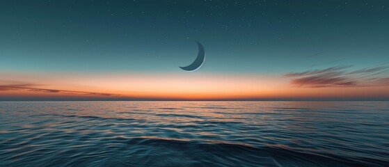 Evening sky with a crescent moon and thin clouds over a calm ocean, creating a tranquil and dreamy night scene, Photography, 50mm lens,
