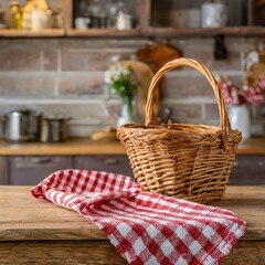 Obraz premium Wooden table with a wicker basket and a red-checkered towel, set against a rustic kitchen background