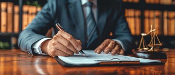 Executives reviewing legal documents, formal setting, serious expressions, high-end office, professional attire