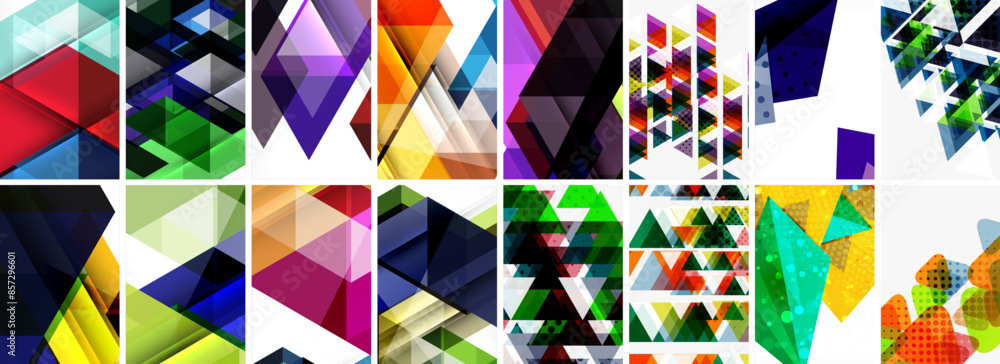 Poster set of abstract minimal geometric backgrounds with lines, circles and triangles. vector illustration