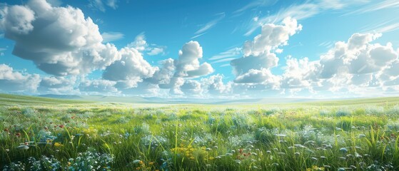 Expansive grassland with wildflowers and a clear blue sky