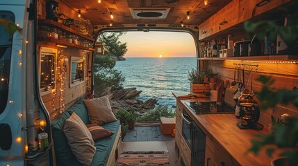 Fototapeta premium A cozy and well-furnished van interior is pictured, with a breathtaking view of the setting sun over the ocean visible through the back of the van, capturing a tranquil moment.