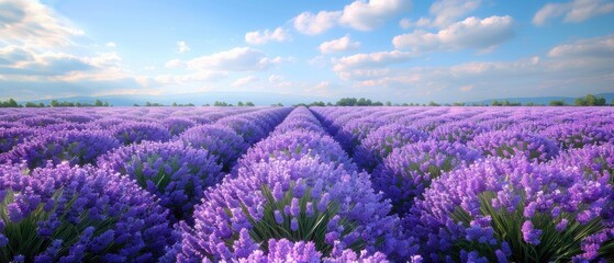 Obraz premium Expansive lavender field in full bloom, with rows of purple flowers stretching to the horizon under a clear blue sky