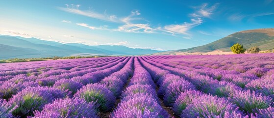 Expansive lavender field in full bloom, with rows of purple flowers stretching to the horizon under a clear blue sky