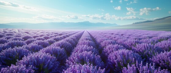 Obraz premium Expansive lavender field in full bloom, with rows of purple flowers stretching to the horizon under a clear blue sky