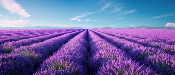 Expansive lavender field in full bloom, with rows of purple flowers stretching to the horizon under...