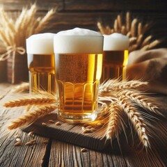 Glasses of light beer with spikelets of barley on the wooden background.  Copy space for text