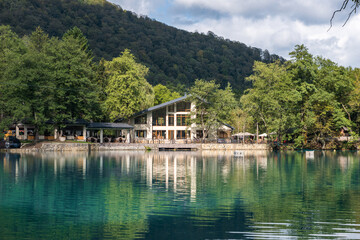 Naklejka premium View of Lower Blue Lake near the village of Babugent Chereksky district, Kabardino-Balkarian Republic, Russia. Cherek-Kel Lake.
