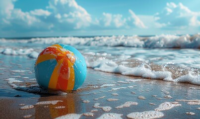 Obraz premium Colorful beach ball on sandy shore