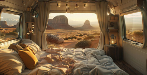 Interior view from a camper van of outside beautiful view of wild west landscape