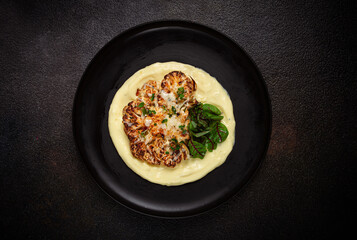 cauliflower steak, with mashed potatoes, spices and herbs, homemade, no people,