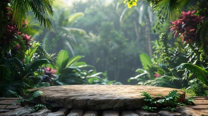A wooden platform is nestled in the heart of a lush, vibrant tropical jungle, surrounded by large green leaves, fern, and colorful exotic plants under sunlight.