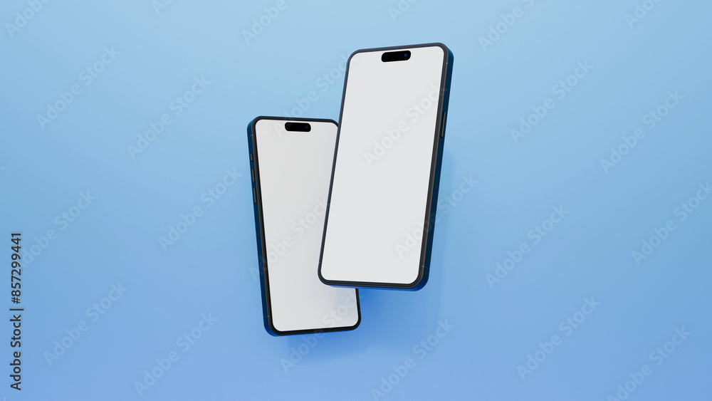 Poster smartphone mockup in rotated position on blue background. mobile from different angles with blank sc