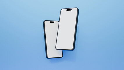 Smartphone mockup in rotated position on blue background. Mobile from different angles with blank screen. Template for presentation 3D realistic device.