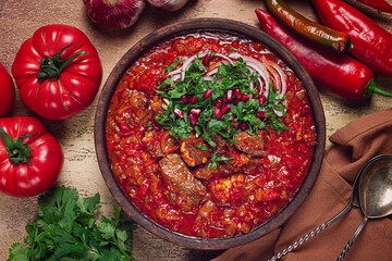 Chashushuli, a traditional Georgian dish, spicy, stewed meat with tomatoes and spices, homemade, no people,