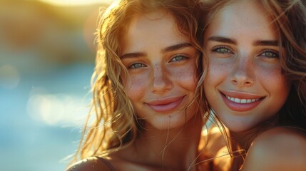 Two young women with natural freckles and wavy blonde hair, smiling warmly while standing close together on a sunlit beach, capturing a joyful moment of friendship.
