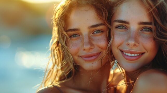 Two young women with natural freckles and wavy blonde hair, smiling warmly while standing close together on a sunlit beach, capturing a joyful moment of friendship.