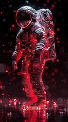 Astronaut suit glowing in red lights, full-body view