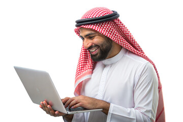 arabic man using laptop on transparent background