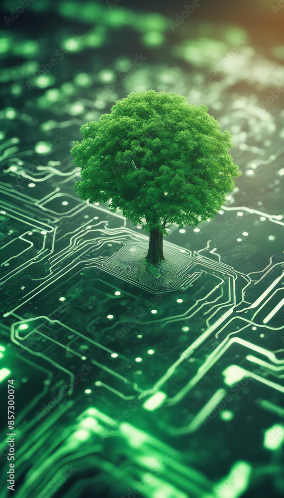 Poster tree growing on the converging point of computer circuit board green computing green technology gree