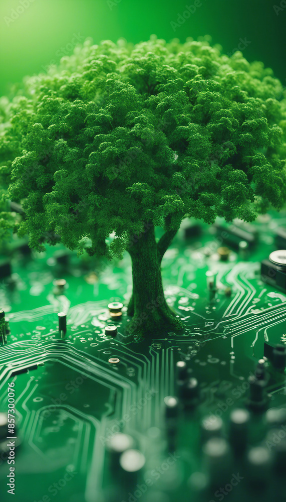 Poster tree growing on the converging point of computer circuit board green computing green technology gree