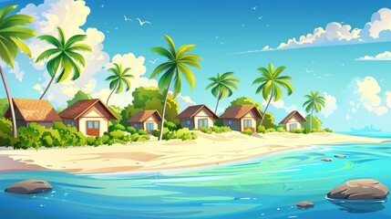 Naklejka premium Vector illustration of beautiful scenic landscape of tropical sea beach.