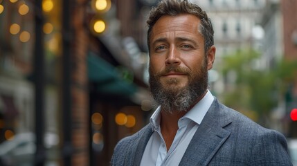 Obraz premium A distinguished man with a grey beard and a warm smile, dressed in a sharp suit, poses in an urban setting, blending modern style with timeless elegance against a street backdrop.