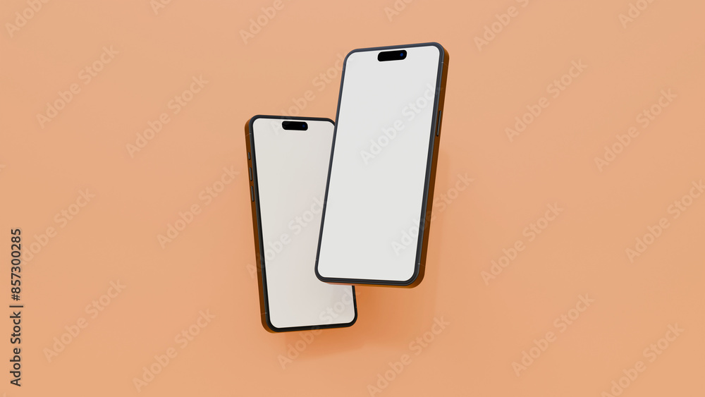 Poster smartphone mockup in rotated position on orange background. mobile from different angles with blank 
