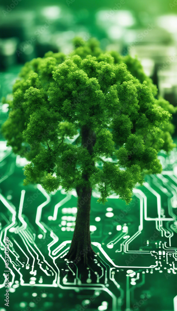 Poster tree growing on the converging point of computer circuit board green computing green technology gree