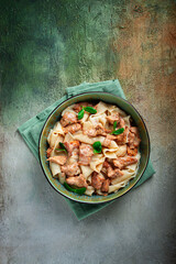 papardelle pasta, with chanterelle mushrooms, in cream sauce, homemade, no people,