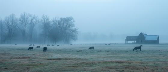 Naklejka premium Foggy meadow with grazing animals and a distant barn