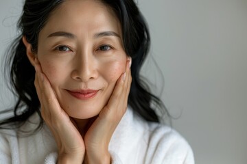 Fototapeta premium Embrace self-love and care with studio isolate shots capturing mature Asian women's facial care routines.