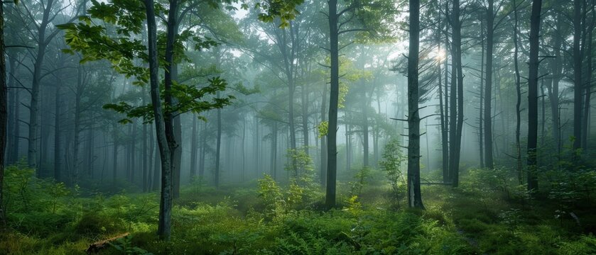 Foggy morning in a dense forest with tall trees
