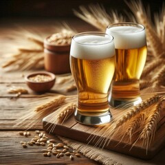 Glasses of light beer with spikelets of barley on the wooden background.  Copy space for text