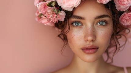 A close-up portrait of a woman wearing a floral crown gazing serenely at the camera, set against a soft pink background, capturing the essence of natural beauty and tranquility.
