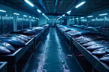 Experience the cold precision of a tuna freezing room, where every aspect is tailored to maintain seafood quality.