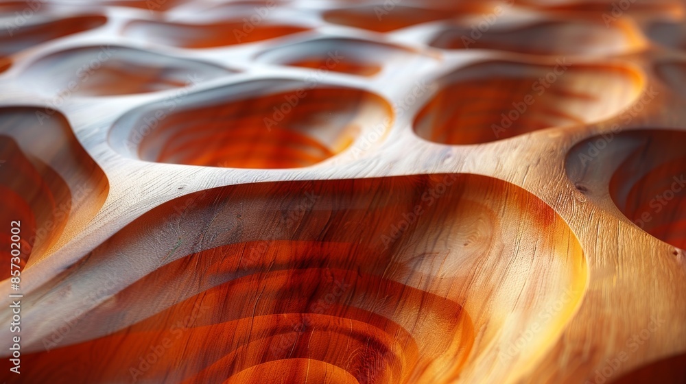 Poster a close-up shot of a wooden surface featuring intricately carved patterns with light and shadow play